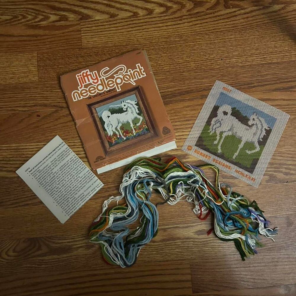 1980s Jiffy unicorn needlepoint kit complete with embroidery thread